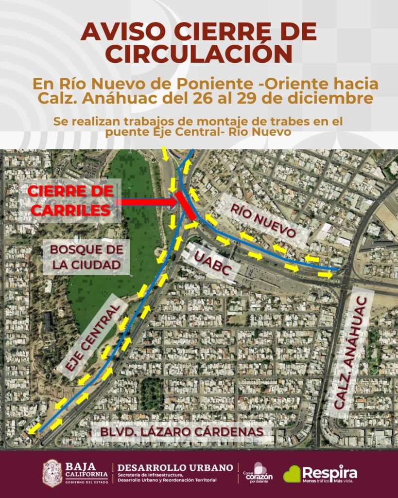 INFORMA SIDURT CIERRE TEMPORAL DE CIRCULACIÓN EN RÍO NUEVO EL PRÓXIMO MARTES 26 DE DICIEMBRE