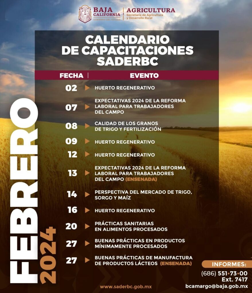 PRESENTA SADERBC CALENDARIO DE CAPACITACIONES PARA FEBRERO 2024