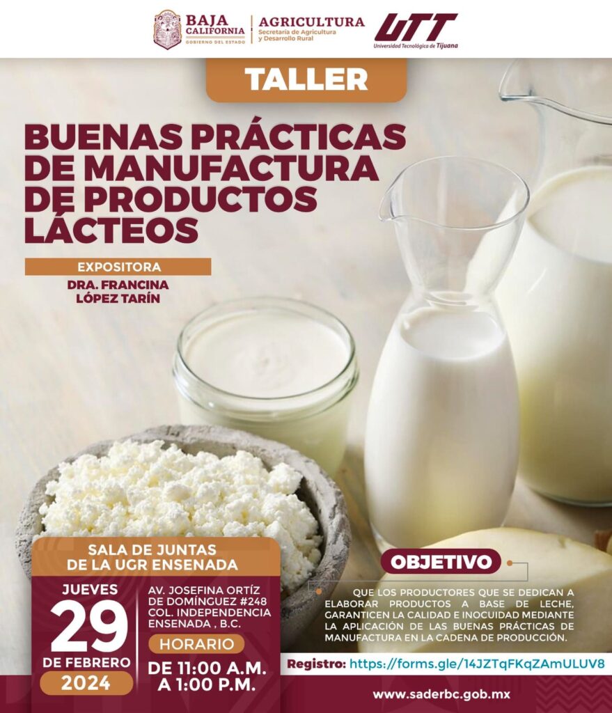 INVITA SADERBC A TALLER SOBRE BUENAS PRÁCTICAS EN EL MANEJO DE PRODUCTOS LÁCTEOS