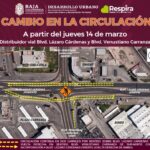 ANUNCIA SIDURT AJUSTE A CIRCULACIÓN EN BULEVARES LÁZARO CÁRDENAS Y VENUSTIANO CARRANZA EN MEXICALI A PARTIR DEL 14 DE MARZO