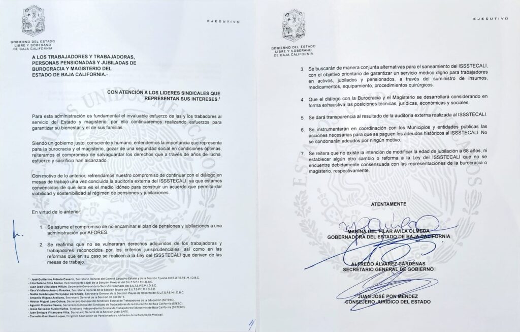 REFRENDA GOBERNADORA MARINA DEL PILAR RESPETO A LOS DERECHOS DE LA BASE TRABAJADORA CON FIRMA DE COMPROMISO PARA EL RESCATE DEL ISSSTECALI